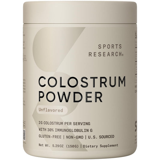Sports Research bovine colostrum powder tub showing premium US-sourced nutrition for daily wellness