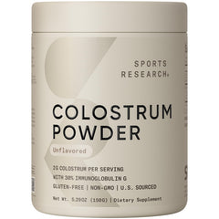Sports Research bovine colostrum powder tub showing premium US-sourced nutrition for daily wellness