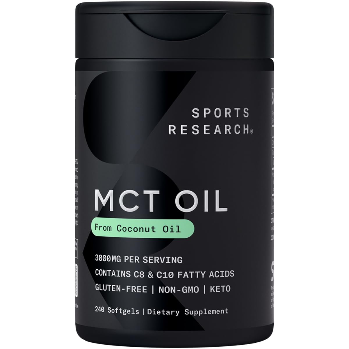 Sports Research Coconut MCT Oil bottle close-up showing 3000mg energy support.