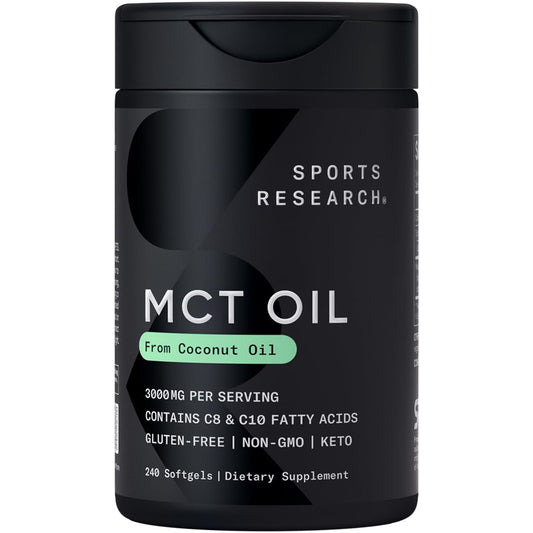 Sports Research Coconut MCT Oil bottle close-up showing 3000mg energy support.