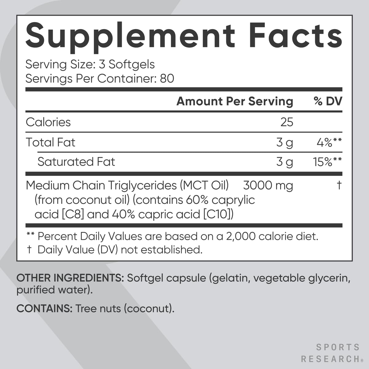 Sports Research Coconut MCT Oil packaging shot emphasizing clean, palm-free formula.