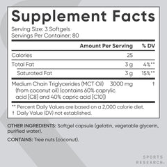 Sports Research Coconut MCT Oil packaging shot emphasizing clean, palm-free formula.