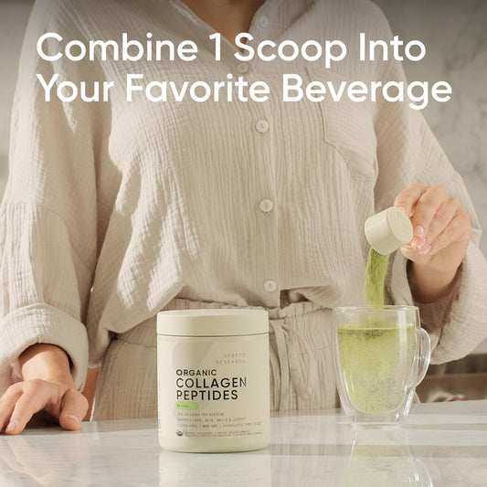 Sports Research Collagen Matcha scoop ready to mix into beverages