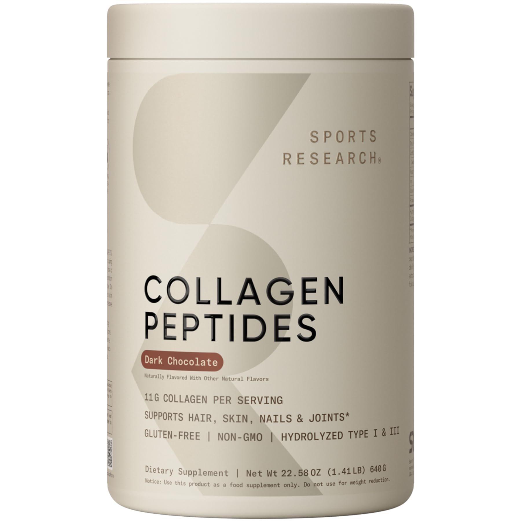 Sports Research Collagen Peptides bottle close-up for daily skin and joint support.