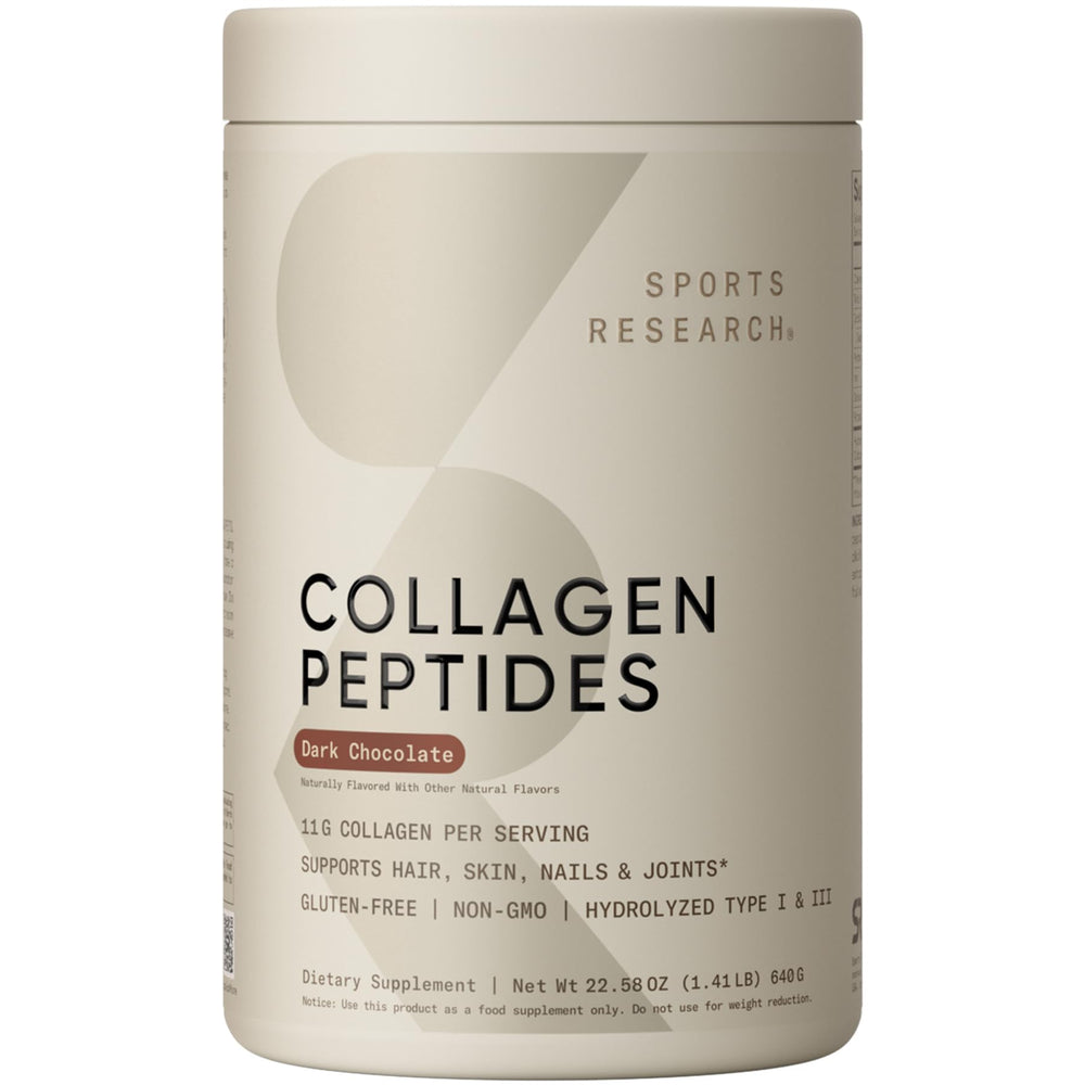 Sports Research Collagen Peptides bottle close-up for daily skin and joint support.