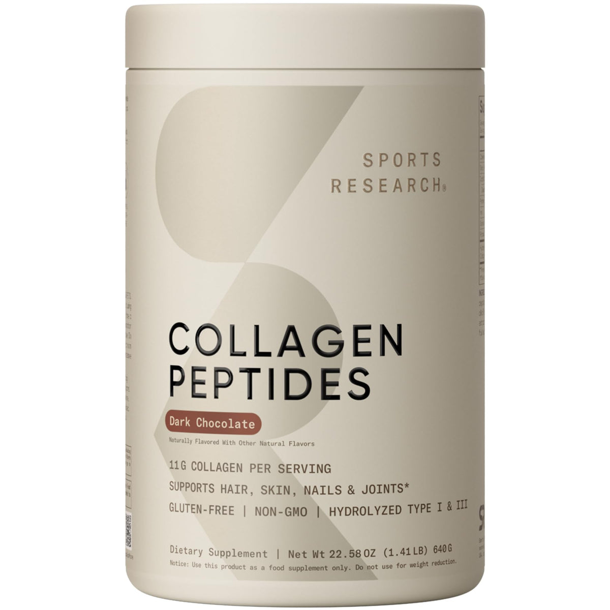 Sports Research Collagen Peptides bottle close-up for daily skin and joint support.