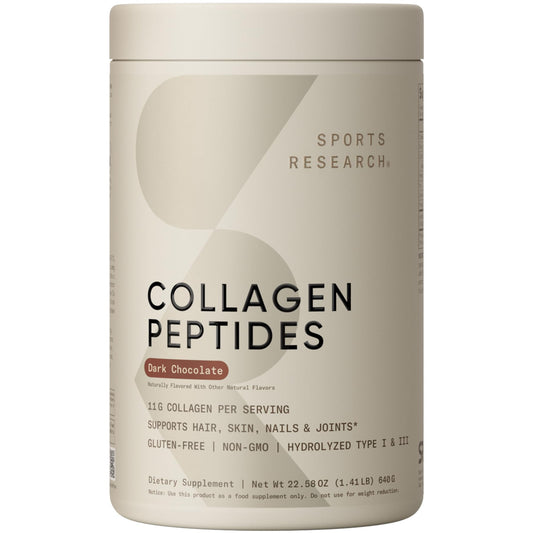 Sports Research Collagen Peptides bottle close-up for daily skin and joint support.