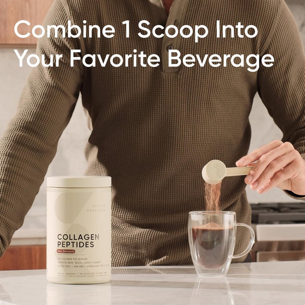 Sports Research Collagen Peptides packaging highlighting keto-friendly, paleo-friendly formula.