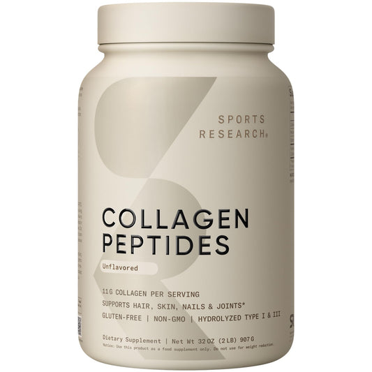 Sports Research Collagen Peptides jar with powder for daily skin and joint support.