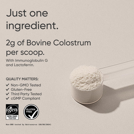 Sports Research colostrum powder scoop demonstrating easy measurement for shakes