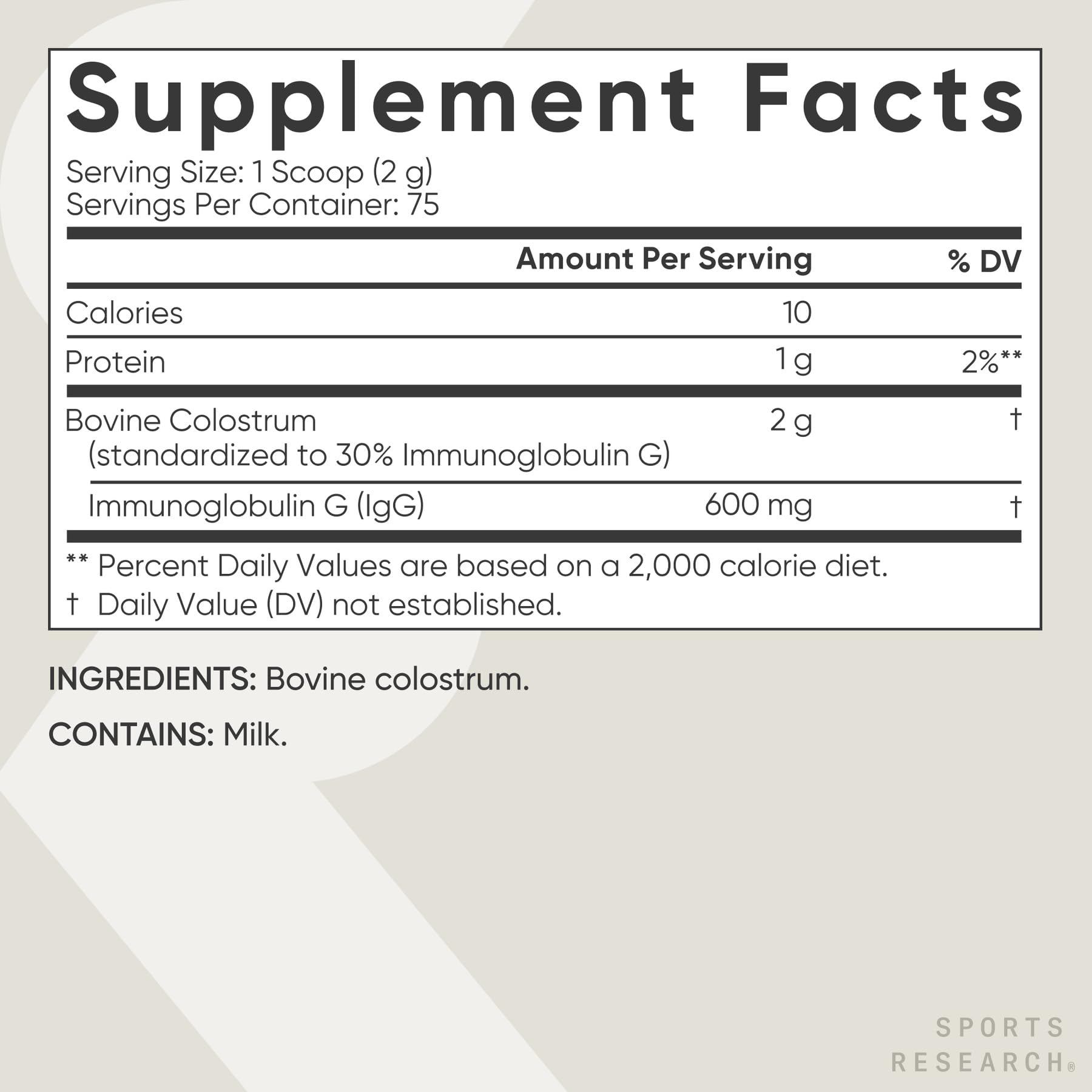 Sports Research colostrum powder jar label noting US-sourced ingredients