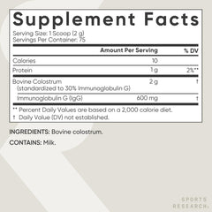 Sports Research colostrum powder jar label noting US-sourced ingredients