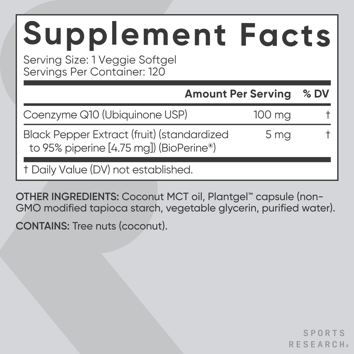 Sports Research CoQ10 product box illustrating carrageenan-free and gluten-free formula.