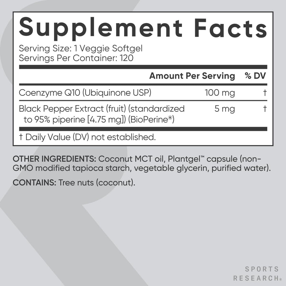 Sports Research CoQ10 product box illustrating carrageenan-free and gluten-free formula.