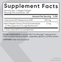Sports Research CoQ10 product box illustrating carrageenan-free and gluten-free formula.