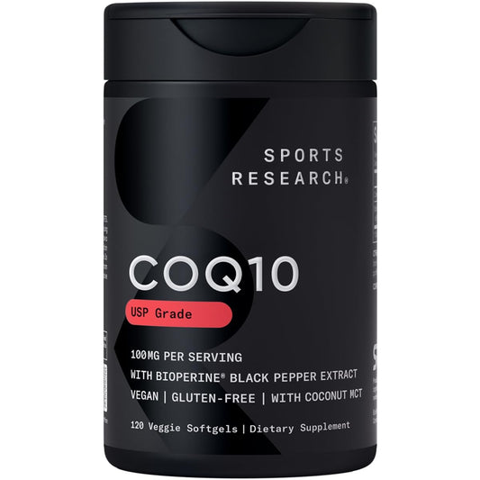Sports Research CoQ10 bottle showing coconut oil blend for enhanced absorption.