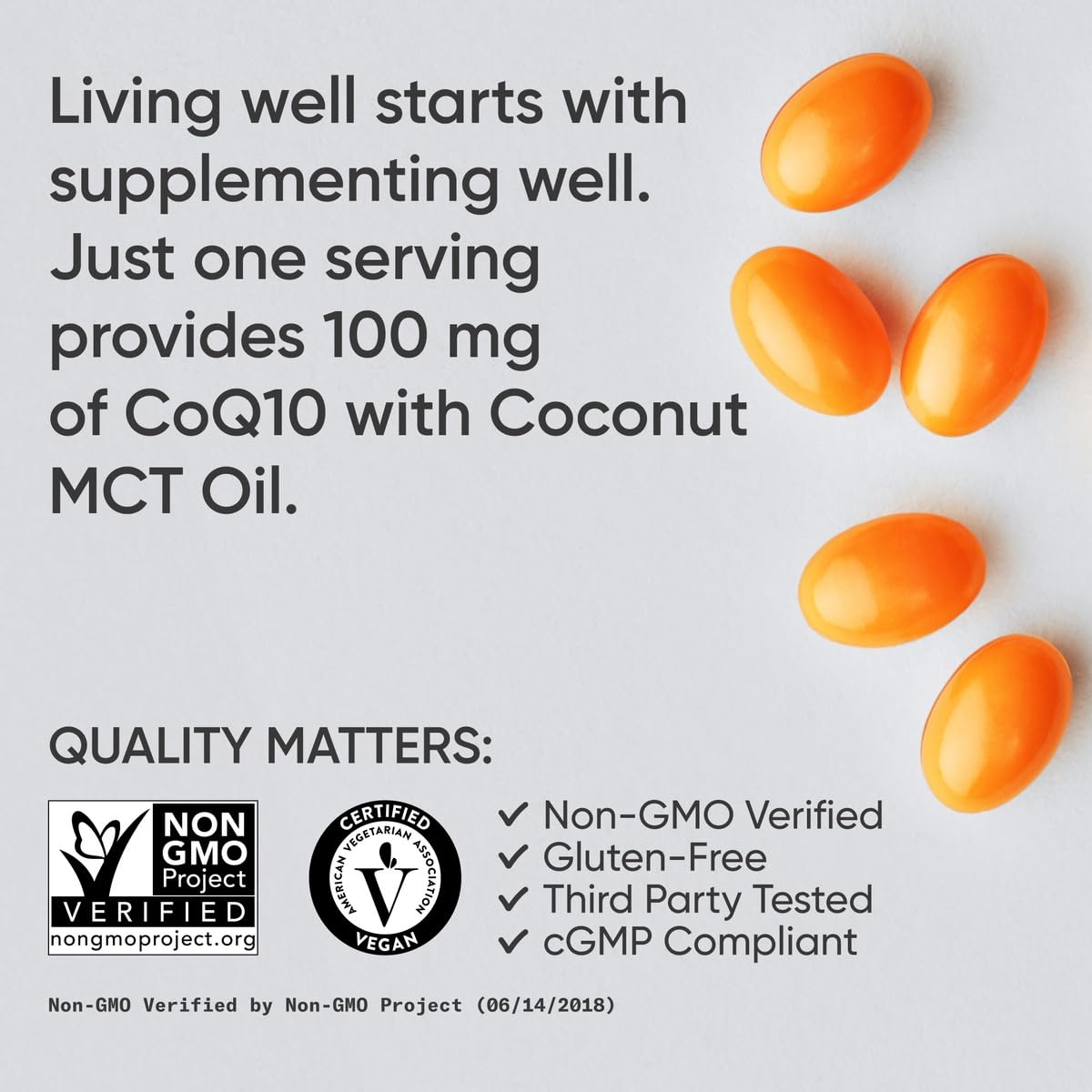Sports Research CoQ10 packaging emphasizing vegan and non-GMO verification.