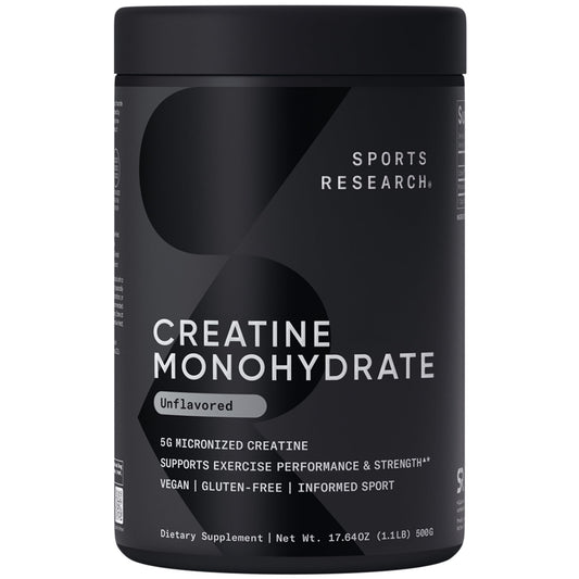 Sports Research Creatine Monohydrate bottle front shows trusted formula for strength support.