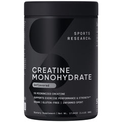 Sports Research Creatine Monohydrate bottle front shows trusted formula for strength support.