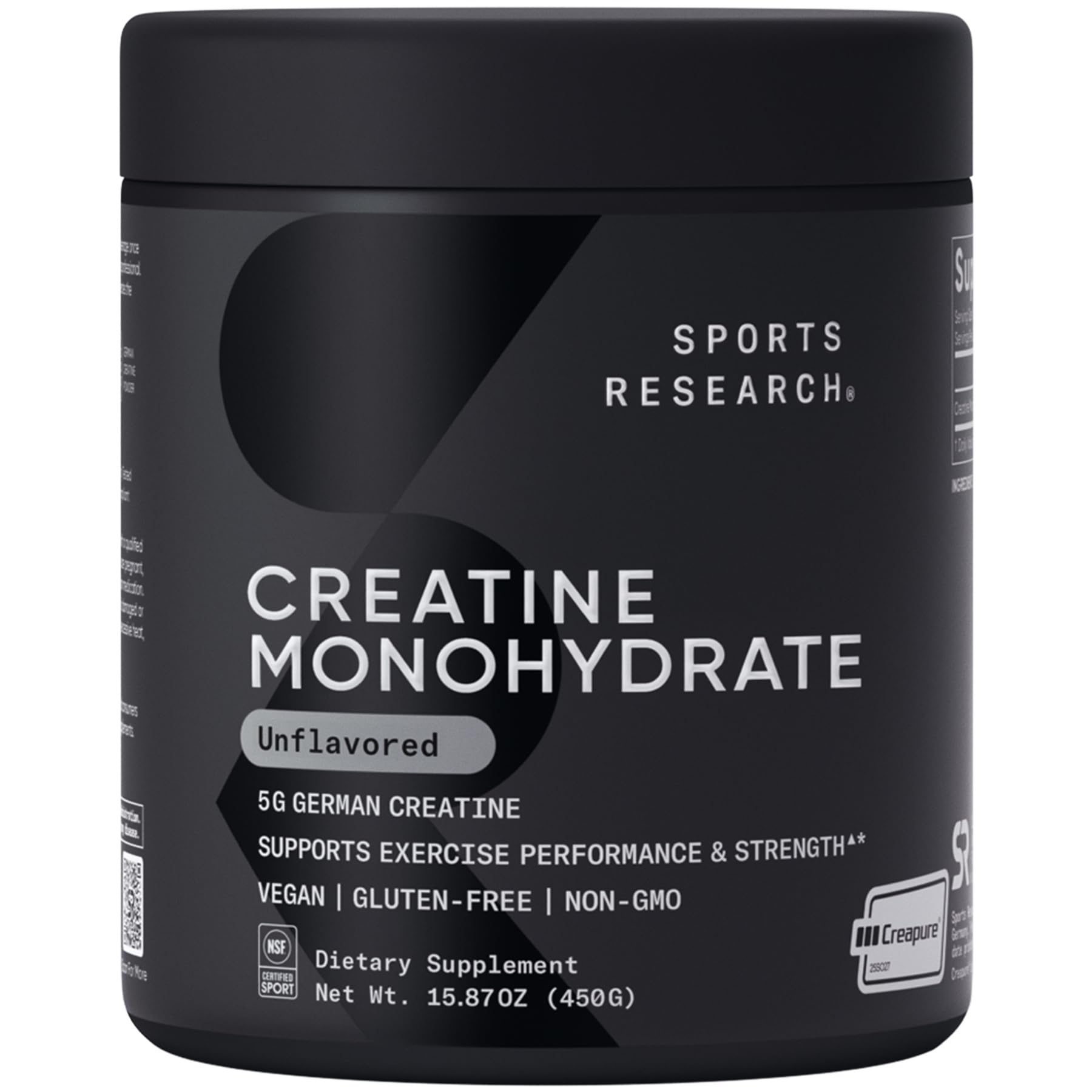Sports Research creatine monohydrate bottle showing Creapure purity for athletes
