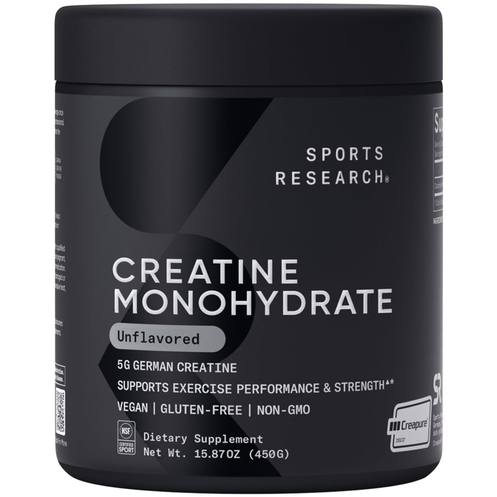 Sports Research creatine monohydrate bottle showing Creapure purity for athletes