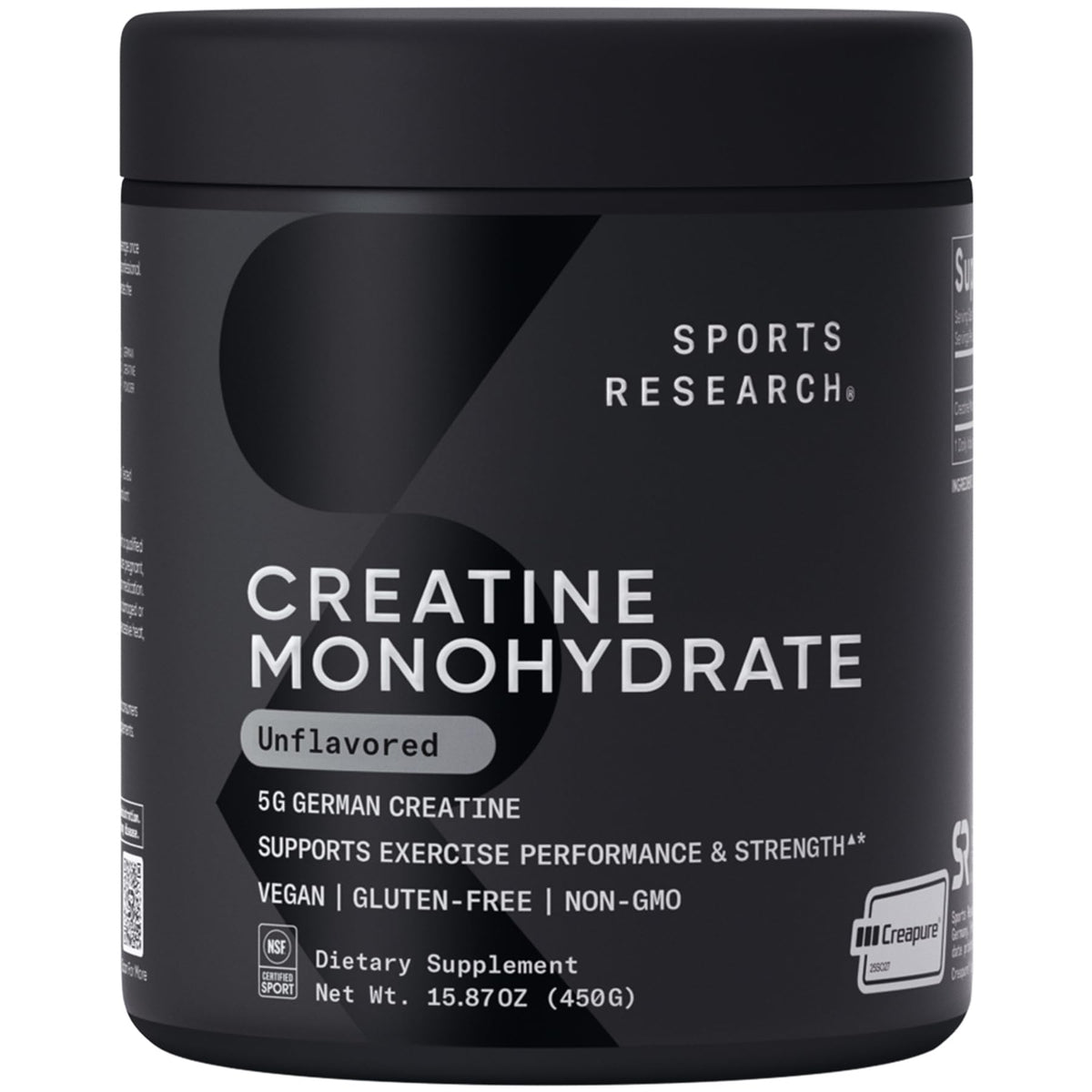 Sports Research creatine monohydrate bottle showing Creapure purity for athletes