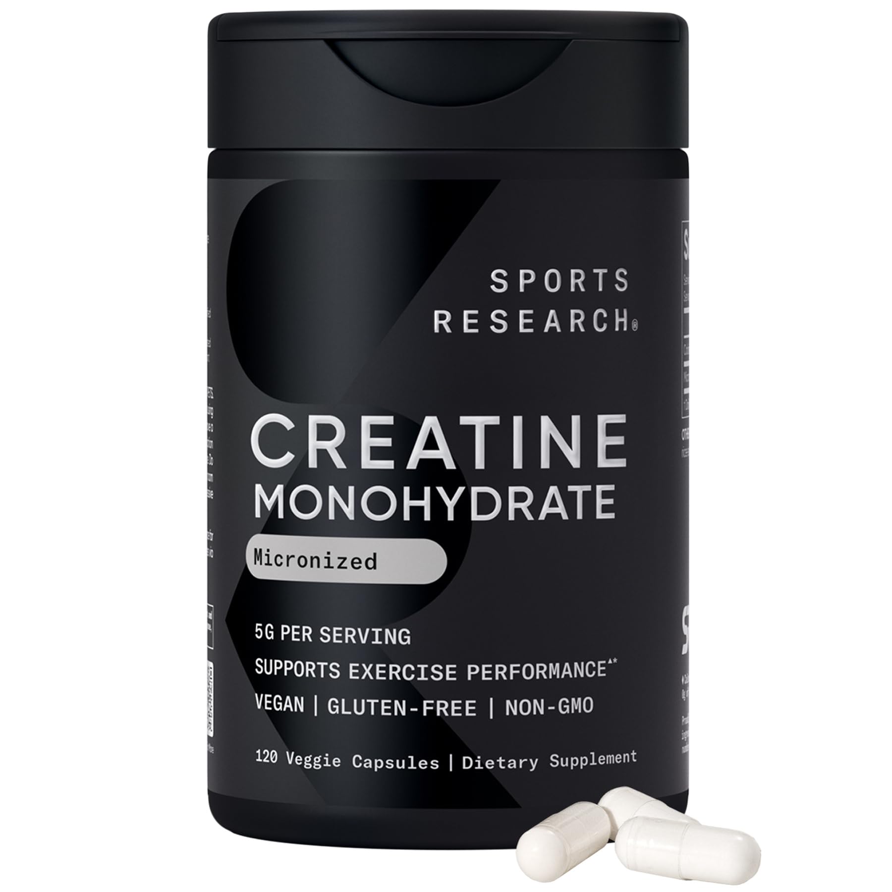 Sports Research Creatine Monohydrate Capsules bottle shown, may support training endurance with daily use.