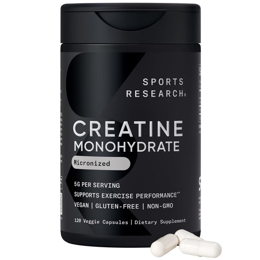 Sports Research Creatine Monohydrate Capsules bottle shown, may support training endurance with daily use.