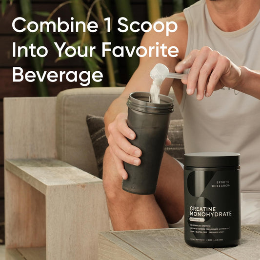 Sports Research Creatine Monohydrate scoop with powder highlights easy mixing.