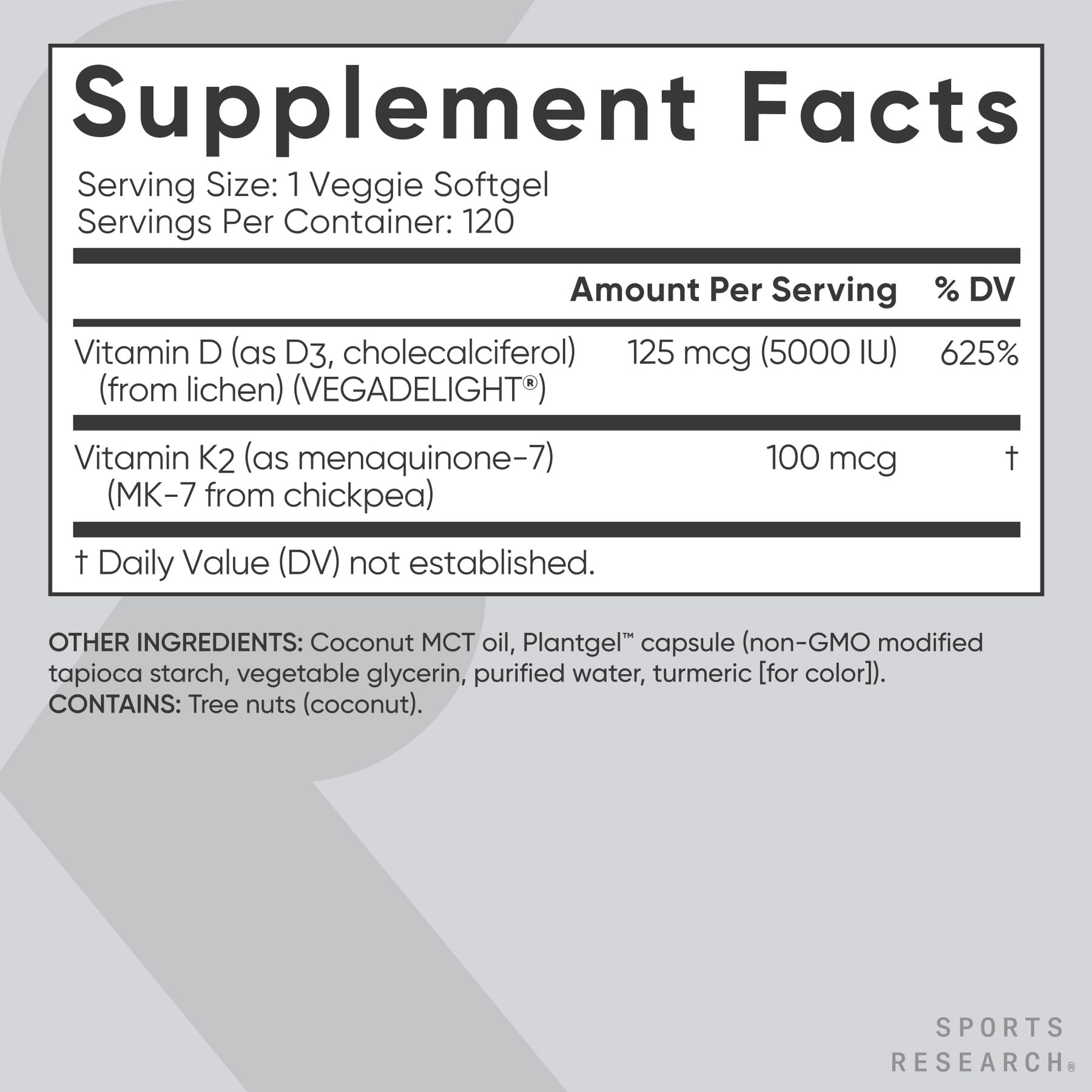 Sports Research MK-7 K2 from chickpeas emphasizes plant-based absorption.