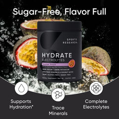 Sports Research Hydrate bottle close-up emphasizes a sugar-free, tasty hydration option.