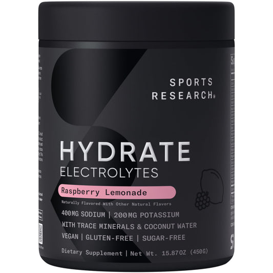 Sports Research Hydrate powder tub front view showing sugar-free formula for hydration.