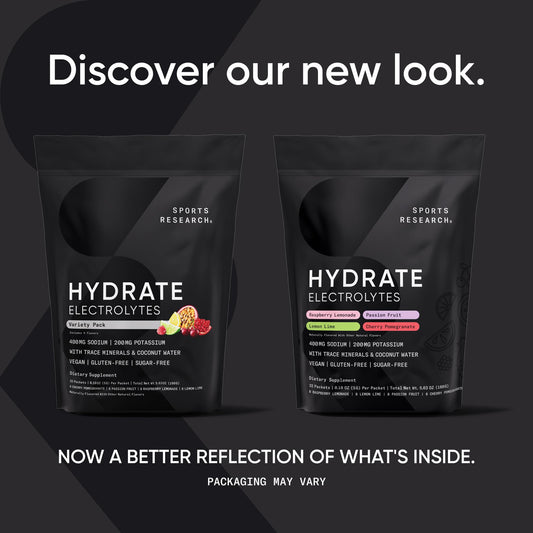 Sports Research Hydrate Raspberry Lemonade packet delivers naturally flavored electrolyte support.