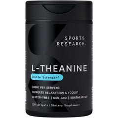 Sports Research L-Theanine 200mg bottle visual for calm focus and daily wellness.