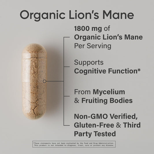Sports Research Lions Mane capsules close-up highlighting vegan, organic formula for cognitive support