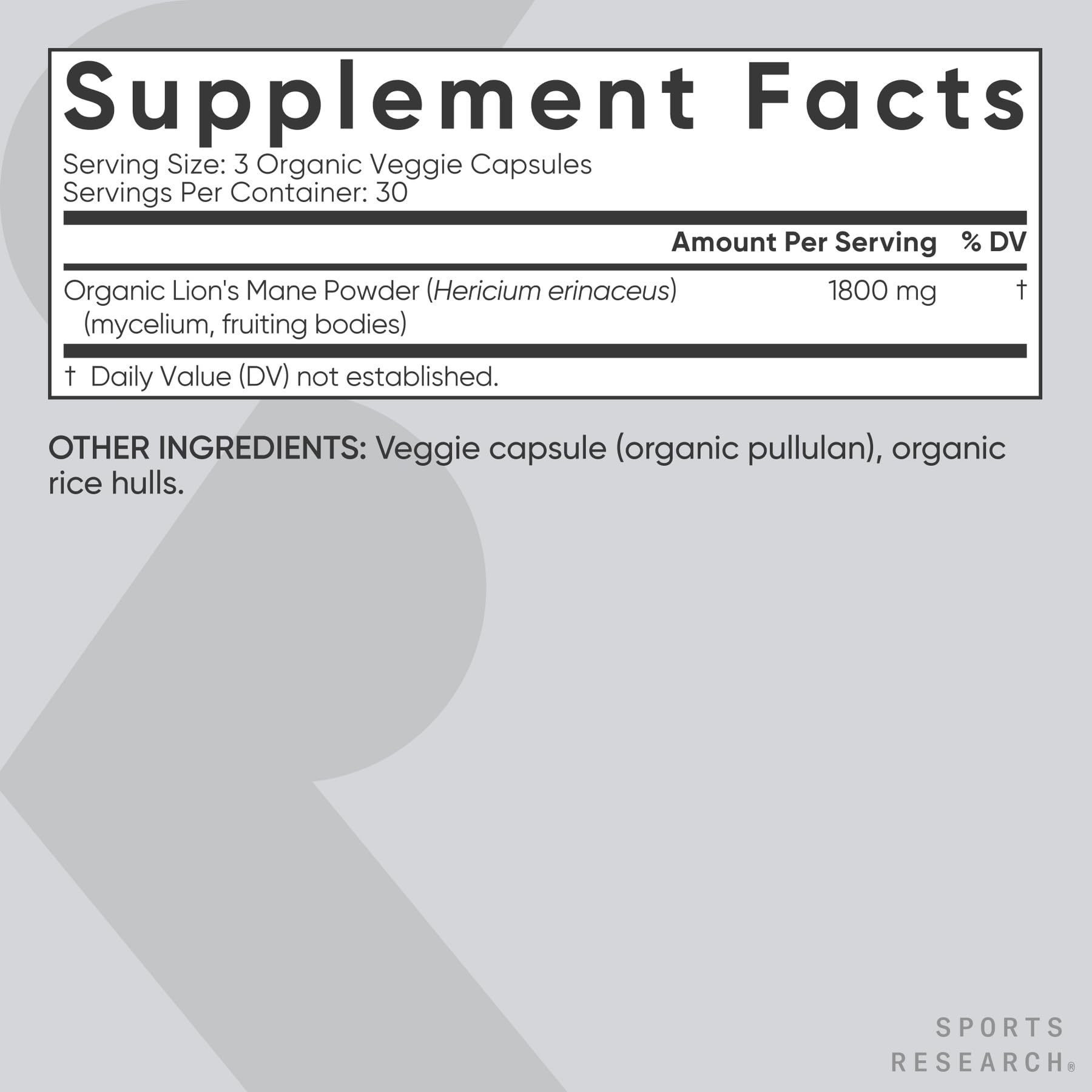 Sports Research Lions Mane mushroom extract close-up underscores natural ingredients and potency