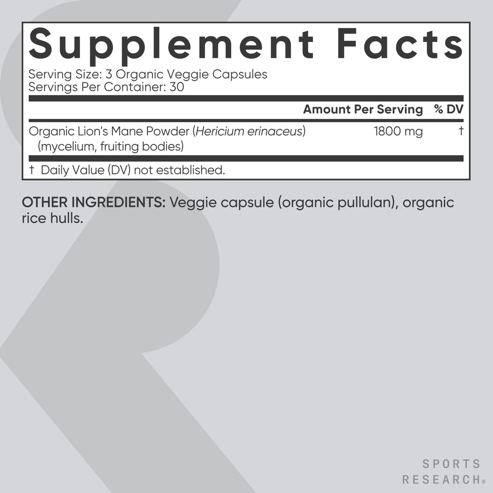Sports Research Lions Mane mushroom extract close-up underscores natural ingredients and potency
