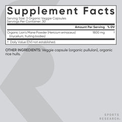 Sports Research Lions Mane mushroom extract close-up underscores natural ingredients and potency