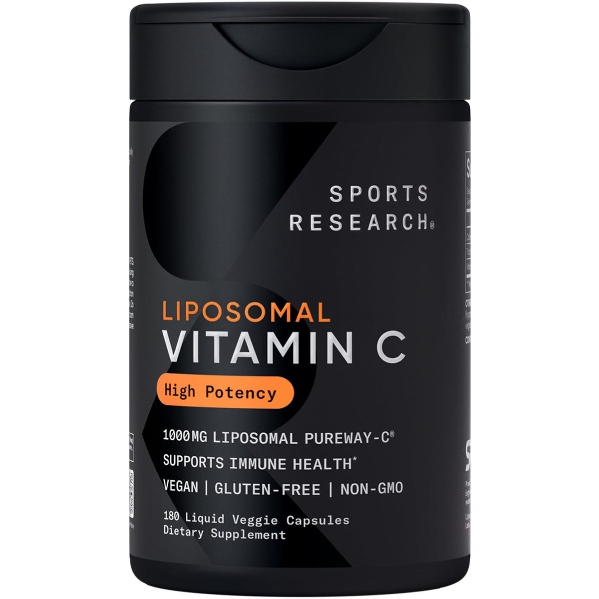 Sports Research liposomal Vitamin C bottle front with vegan, non-GMO labeling for immune support.
