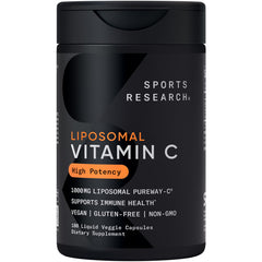 Sports Research liposomal Vitamin C bottle front with vegan, non-GMO labeling for immune support.