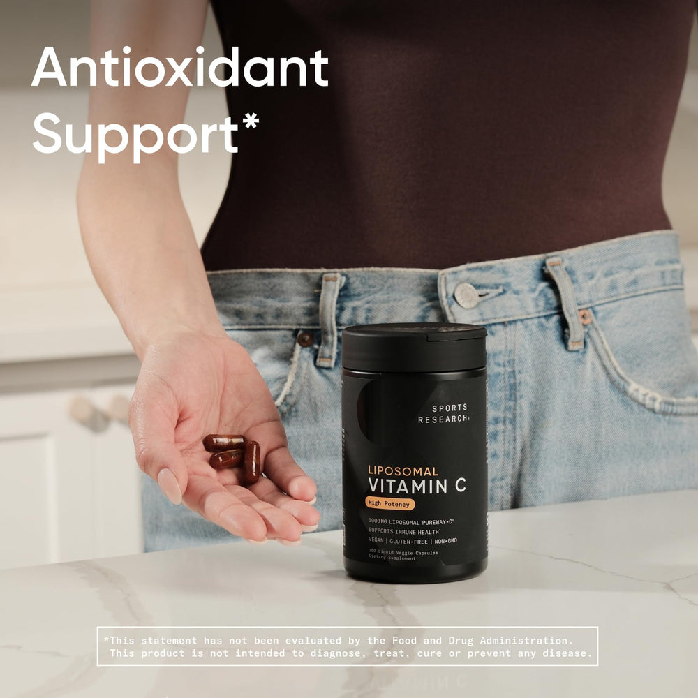 Sports Research liposomal Vitamin C graphic illustrating enhanced bioavailability in cells.