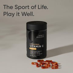 Sports Research liposomal Vitamin C label detail emphasizing vegan and gluten-free claims.
