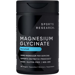 Sports Research Magnesium Glycinate bottle with vegan capsules for sleep support.