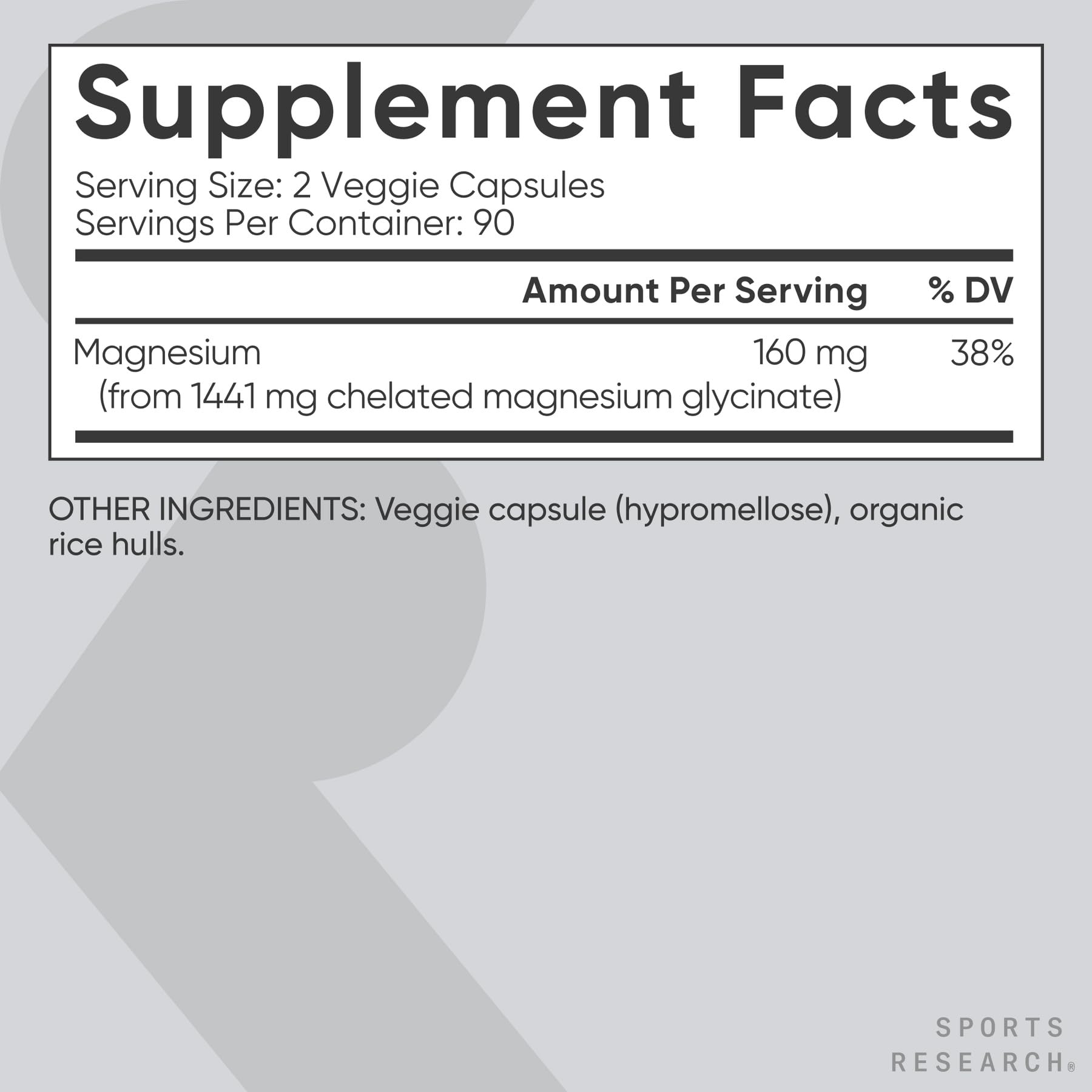 Sports Research Magnesium Glycinate vegan capsule with 160 mg per serving.