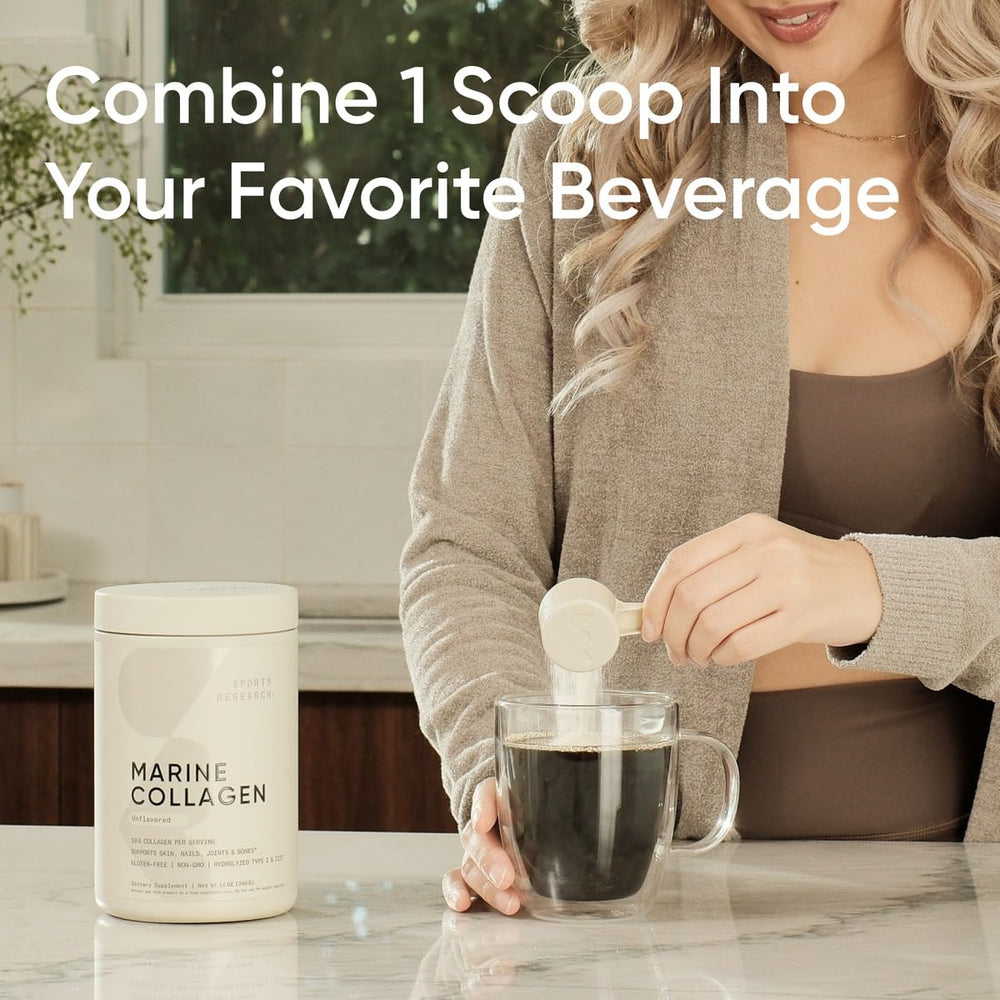 Sports Research Marine Collagen Peptides dissolving in water for easy beverage mix.
