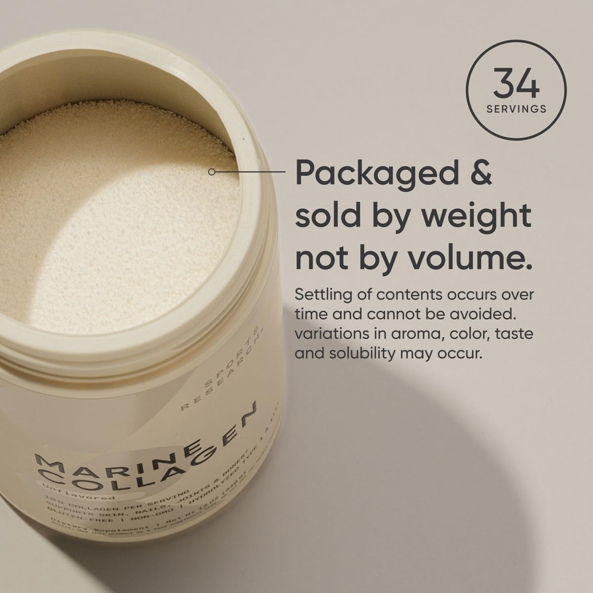 Sports Research Marine Collagen Peptides label highlights Non-GMO and Keto compatibility.