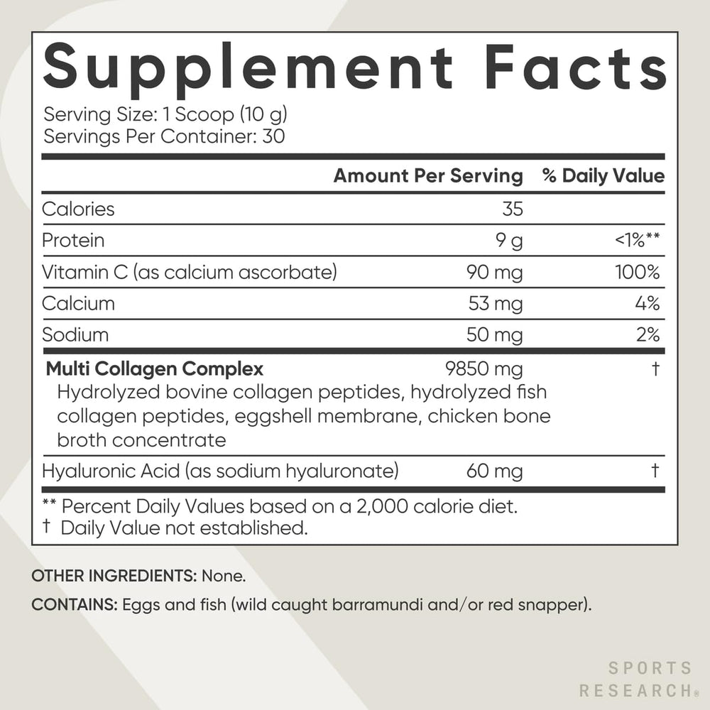 Scoop and label of Sports Research Multi Collagen showing 30 servings