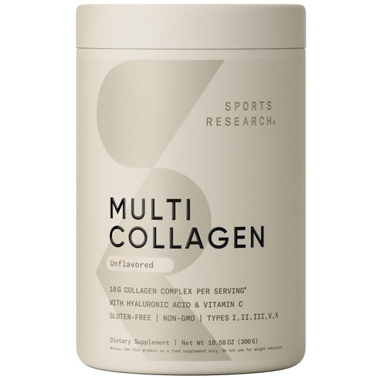 Sports Research Multi Collagen tub front shows gluten-free, non-GMO formula
