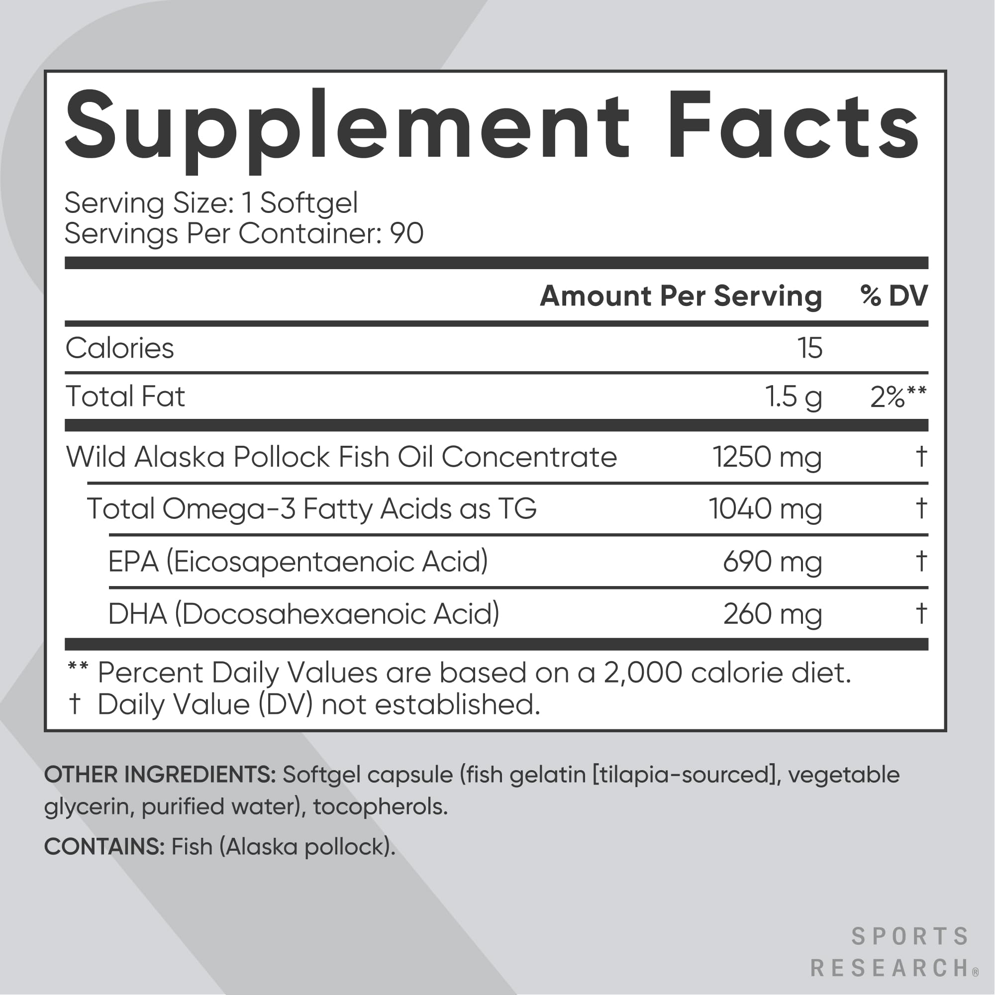 Sports Research Omega-3 bottle depicts Alaska pollock sourcing and purity