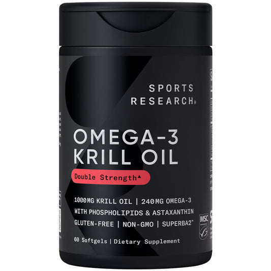 Sports Research Omega-3 Krill Oil bottle highlighting high omega-3 and phospholipid support